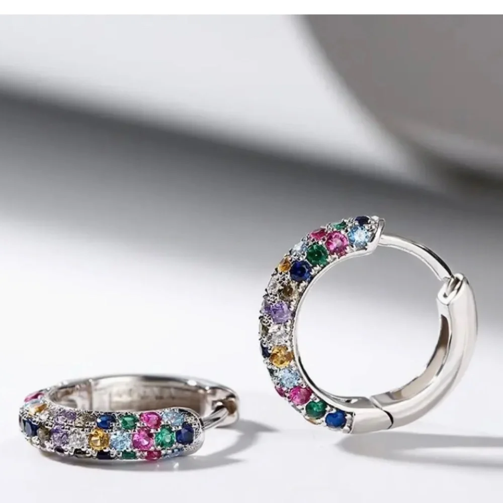 Silver Plated Mini Hoop Earrings Sparkling colorful Zircon Gem - Picture 3 of 10